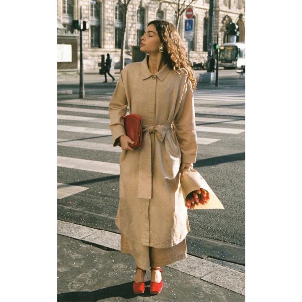 POSSE Ruth Long Trench Coat Linen Cotton Latte Tan Size M - Picture 4 of 9